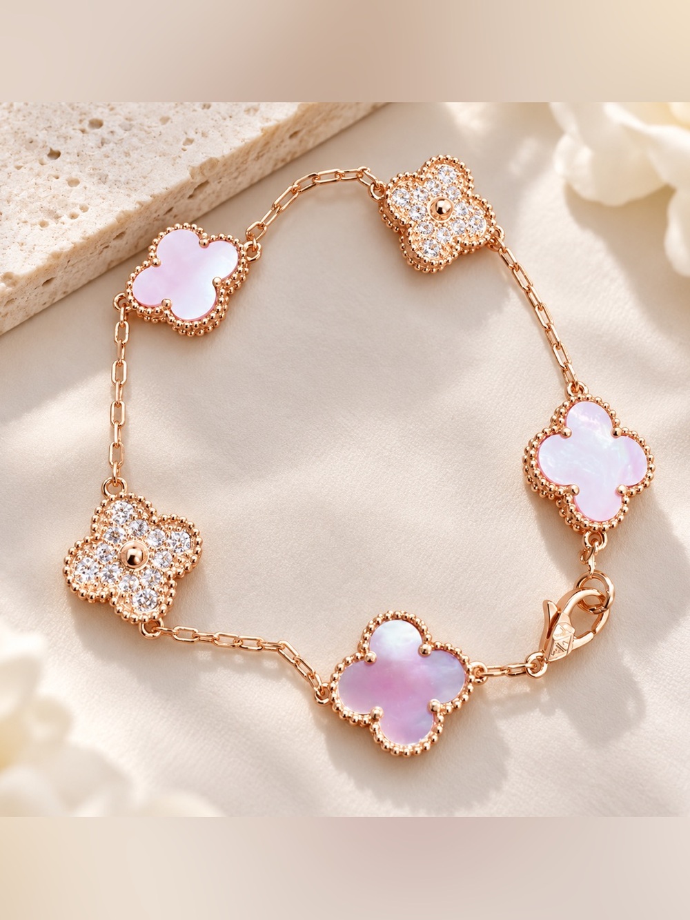 Soft Blush Pink Clover Bracelet 18k gold palted yellow gold